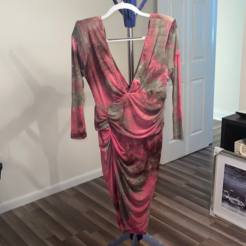 Fashion Nova pink / green / brown stretchy asymmetrical dress - NEW WITH TAGS